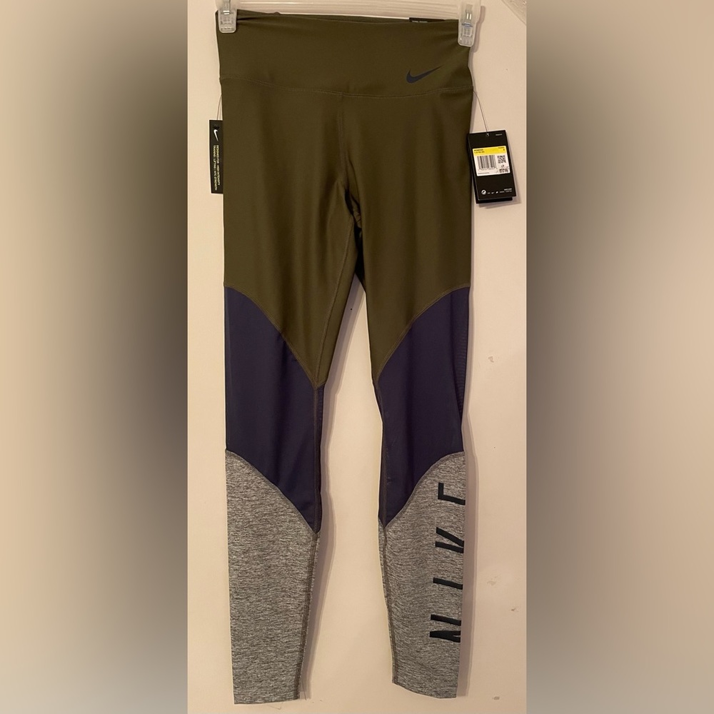 Nike Women Athletic Dri Fit Leggings Olive Green-Blue-Gray Blue Mesh Ankle Lengt